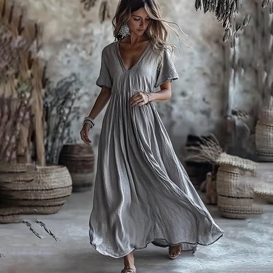 Vintage Solid Color V Neck Cotton Linen Maxi Dress artswardrobe