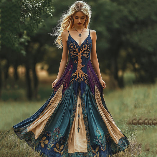 Viking Tree Of Life Patchwork Suspender Maxi Dress artswardrobe