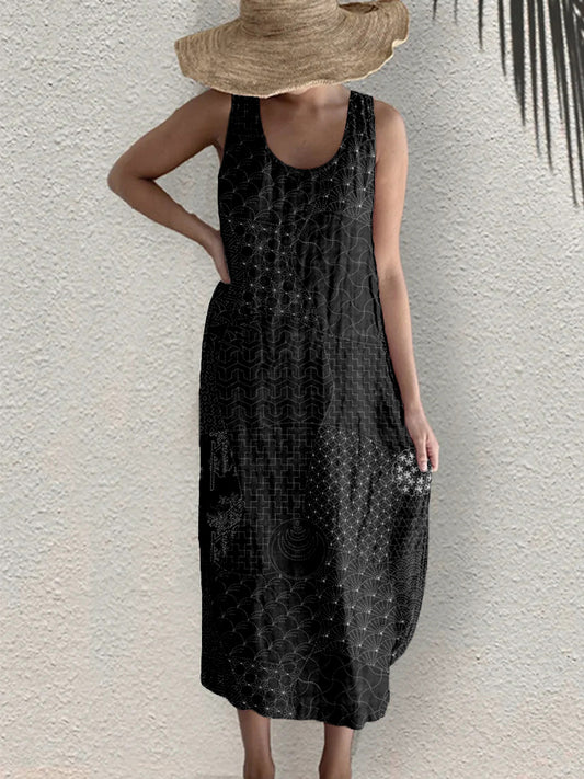 Comstylish Japanese Traditional Sashiko Art Linen Blend Tank Dress