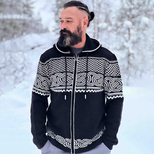 Men's Viking Art Jacquard Knitting Hooded Cardigan elevenforest