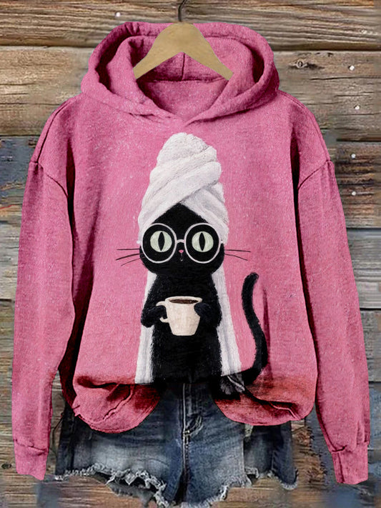 Silly Black Cat Coffe Art Vintage Cozy Hoodie elevenforest