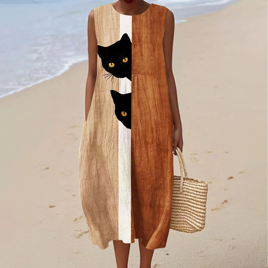 Comstylish Women's Vintage Abstract Geometric Black Cat Art Linen Tank Midi Dress