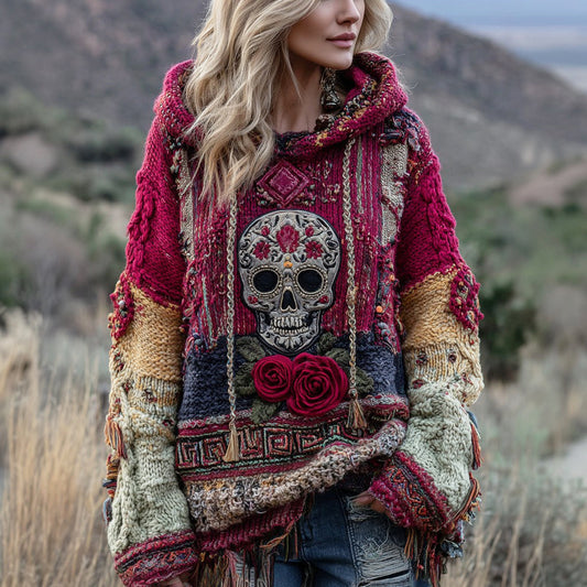 Boho Floral And Skull Inspired Colorblock Design Cozy Knit Hooded Sweater elevenforest