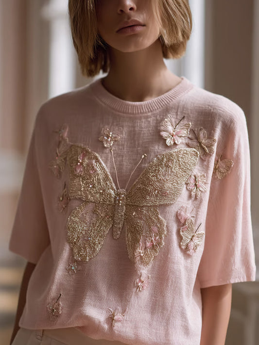 Comstylish Women's Retro Pink Butterfly Embroidery Art Print Round Neck Short Sleeve T-shirt