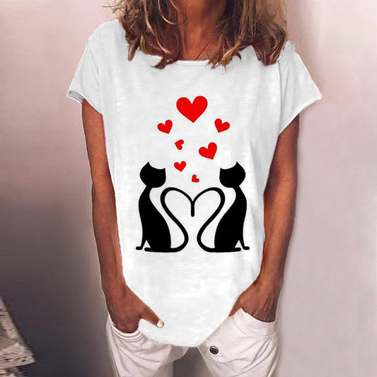 Casual Cat Heart Print T-Shirt elevenforest
