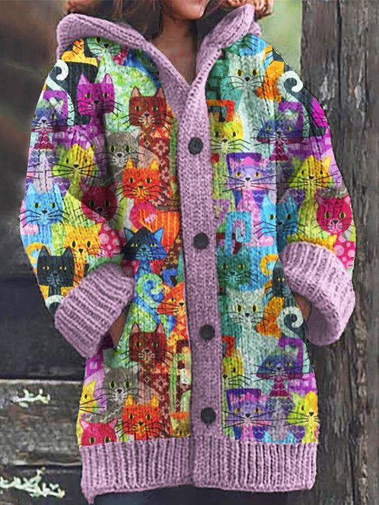 Colorful Cat Print Women's Hooded Cardigan elevenforest