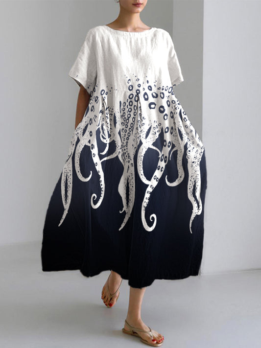 Comstylish Women's Casual Japanese Art Ocean Octopus Print Dress