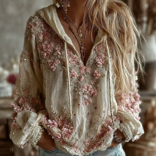 Comstylish Women's Vintage Floral Embroidery Warm V-neck Hoodie