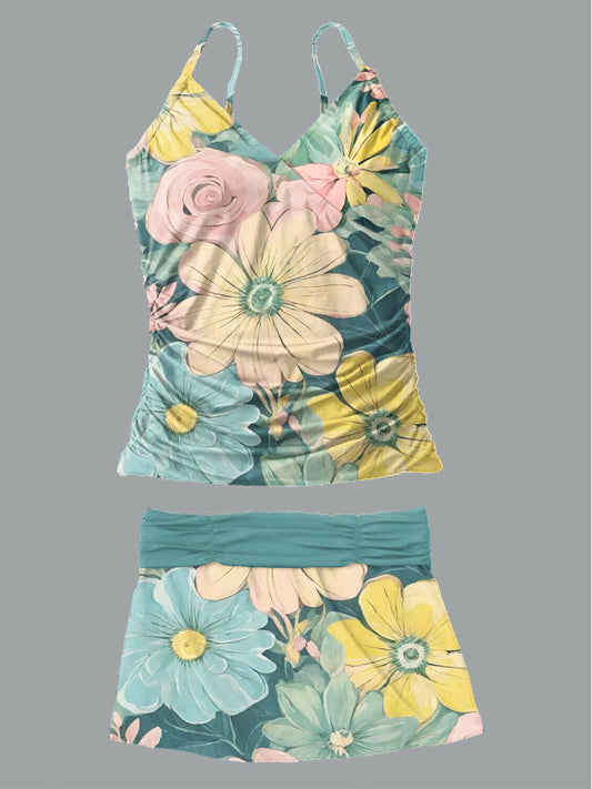Women's Floral Print Suspender Shirred Swimsuit Set