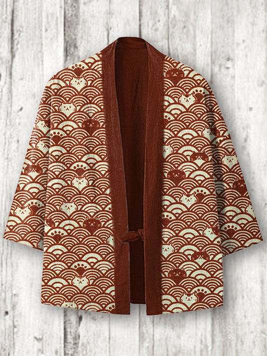 Vintage Japanese Cats Print Cozy Linen Blend Kimono Cardigan elevenforest