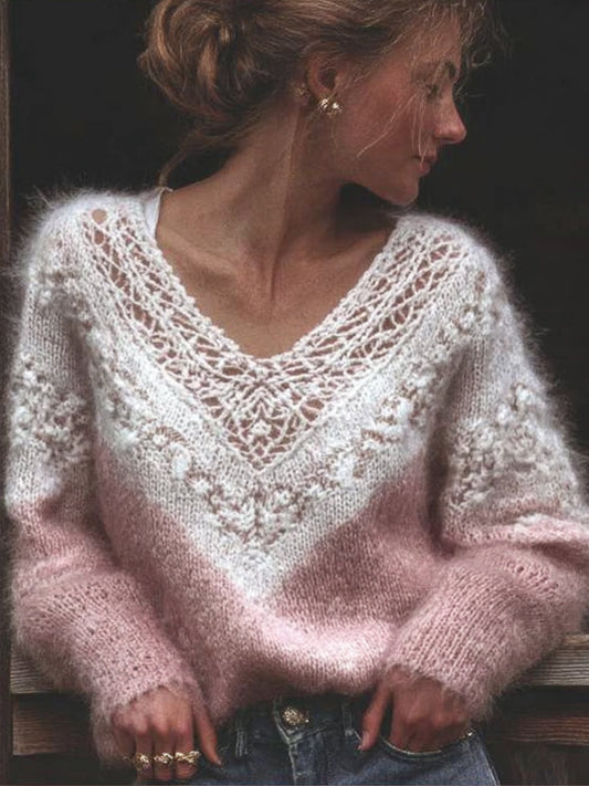 Women's Vintage Plush Hollow-out V-neck Sweater artswardrobe