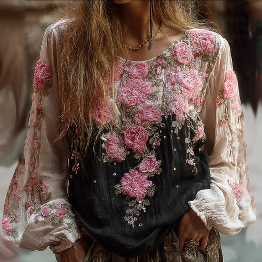 Comstylish Ladies' Casual Vintage Pink Flower Black And White Long-sleeved Shirt