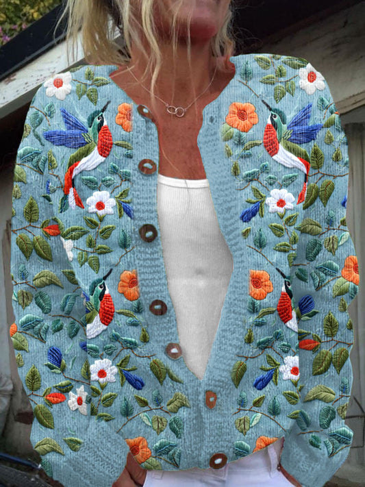 Floral Hummingbird Embroidery Art Cozy Knit Cardigan artswardrobe