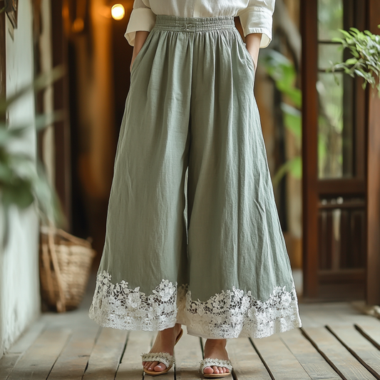 Retro Boho Floral Lace Embroidery Art Cotton Linen Wide Leg Pants artswardrobe