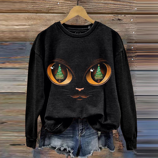 Abstract Creative Christmas Tree In Cat Eyes Print Crew Neck Casual Sweatshirt elevenforest