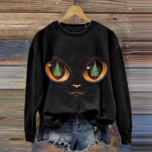 Comstylish Abstract Creative Christmas Tree In Cat Eyes Print Crew Neck Casual Sweatshirt