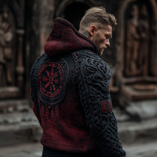 Men's Vegvisir Viking Celtic Runes Knit Gradient Jacquard Cozy Hooded Sweater elevenforest