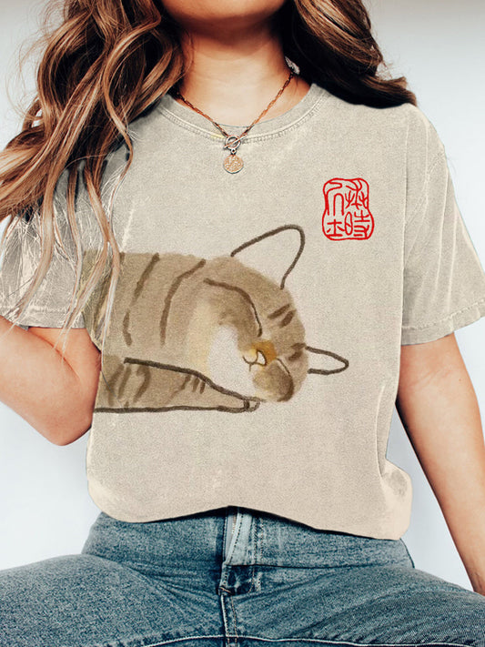 Sleeping Cat Print Short Sleeve T-Shirt elevenforest
