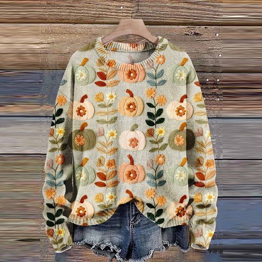 Pumpkin Flowers Autumn Season Halloween Art Print Knit Pullover Sweater artswardrobe