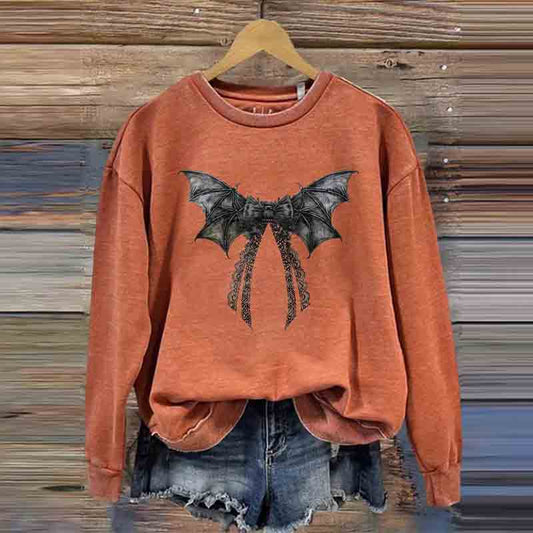 Comstylish Halloween Bat Bow Print Round Neck Casual Sweatshirt