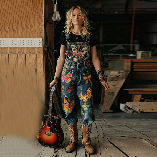 Vintage Butterfly Print Wear-resistant Denim Jumpsuits artswardrobe