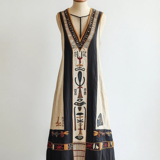 Egyptian Elements Inspired Contrast Linen Maxi Dress artswardrobe