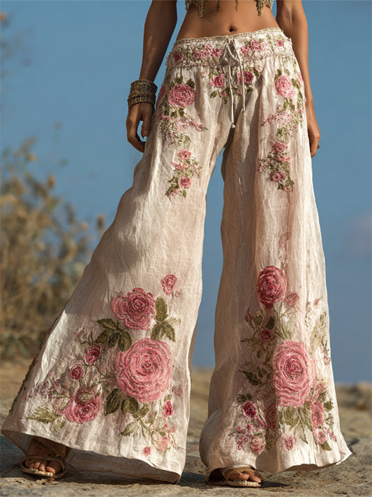 Boho Pink Roses Embroidered Flowy Wide Leg Linen Pants artswardrobe