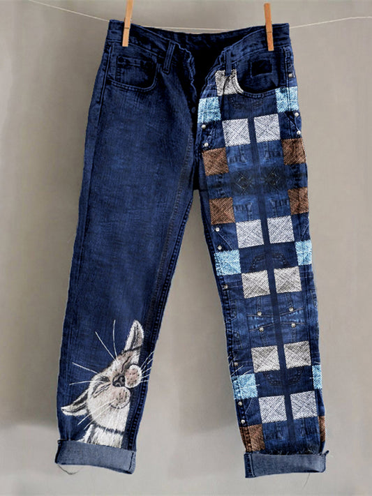 Comstylish Cute Cats Patchwork Vintage Washed Jeans