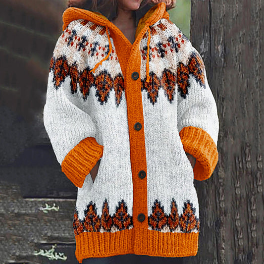 Retro Fallen Leaves Inspiration Icelandic Cozy Hooded Knitted Cardigan artswardrobe