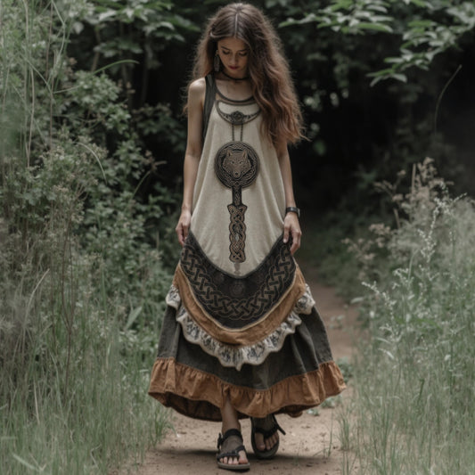 Vintage Tribal Viking Wolf Celtic Knot Linen Blend Tank Midi Dress artswardrobe
