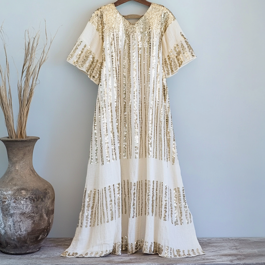 Women's Gold Sequin Striped Casual Linen Dress artswardrobe