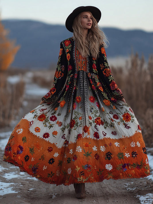 Comstylish Mexican Flowers Embroidered Gradient Flowy Linen Maxi Dress