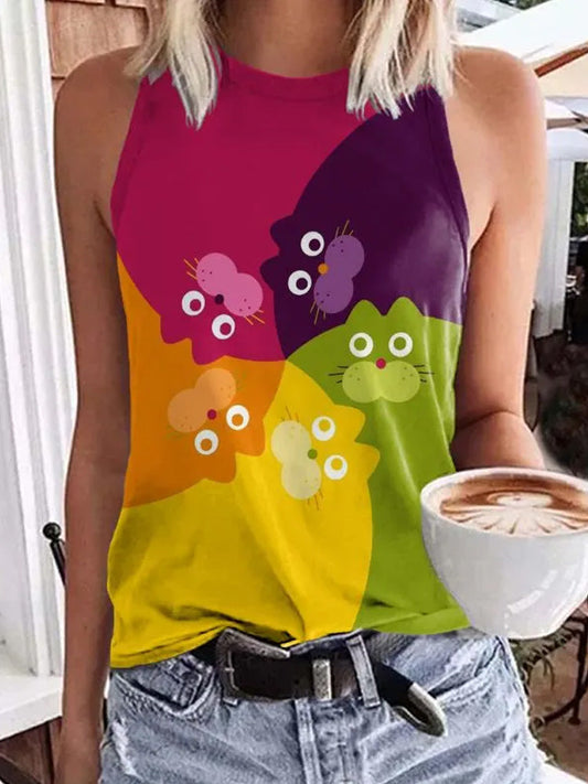Japanese Art Creative Cute Rainbow Cat Swirl Art Print Tank Top elevenforest