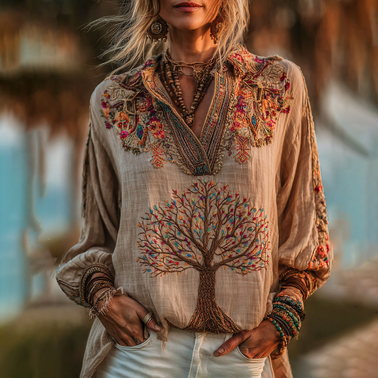 Comstylish Women's Vintage Viking Tree Of Life Embroidered Lapel Shirt