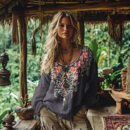 Retro Bohemian Resort Floral Pattern Art Embroidery Cotton And Linen Blend Loose Blouse artswardrobe