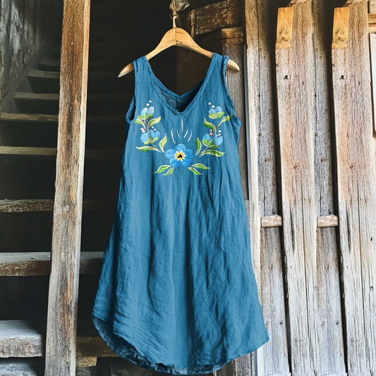 Women's Swedish Floral Cotton Linen Midi Dress artswardrobe