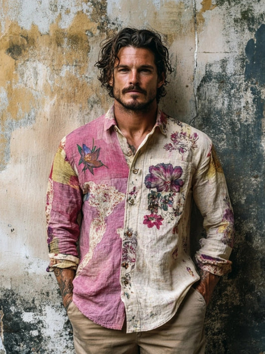 Boho Floral Art Vintage Men's Linen Shirt artswardrobe