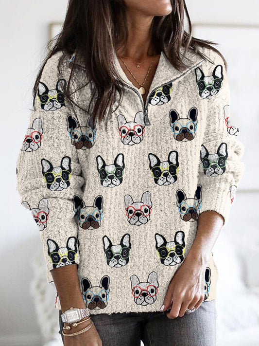 Comstylish Funny Dogs With Glasses Print Women's Soft Collar Zipper Sweater