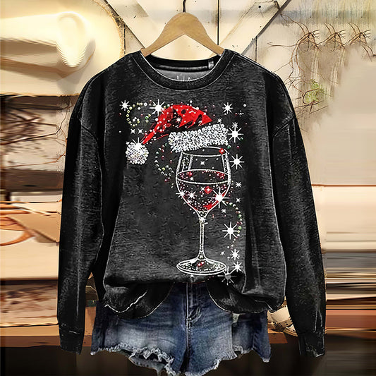 Comstylish Women's Vintage Christmas Wine Glasses Art Prints Casual Sweatshirt