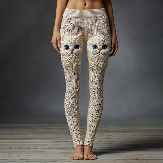 Women's Cute Cat Face Embroidered Cozy Casual Leggings