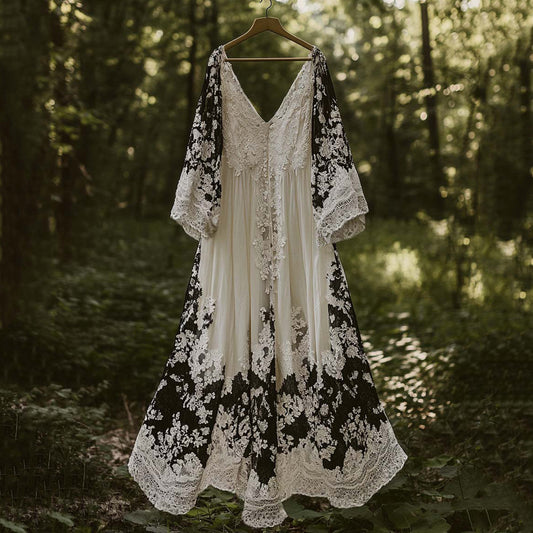 Vintage Floral Embroidered Pattern Linen Flowy Contrast Color Maxi Dress artswardrobe