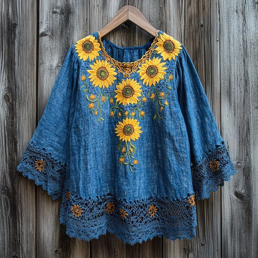 Women's Sunflower Embroidered Lace Patchwork Linen Blend Shirt1 artswardrobe