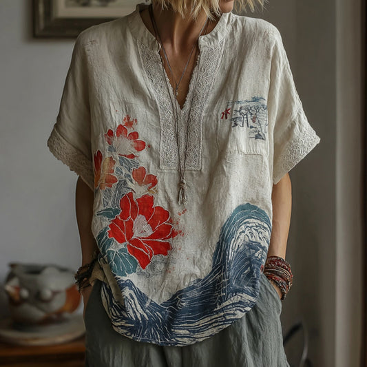 Vintage Japanese Art Lotus Pattern Linen Comfy Shirt artswardrobe
