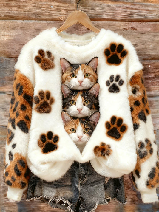 Comstylish Cute Little Cat Looking For Something Warm Round Neck Flannel Hoodie
