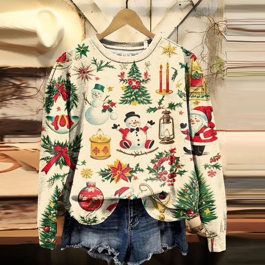 Comstylish Vintage Christmas Snowman Print Crew Neck Sweatshirt
