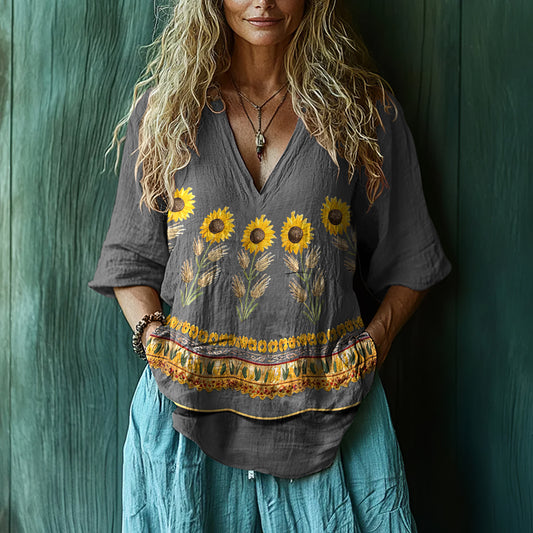 Comstylish Vintage Boho Sunflower Art Print Short Sleeve V-neck Shirt