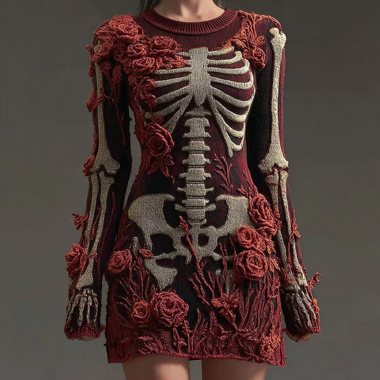 Women's Vintage Skull Rose Comfortable Elegant Sweater Dress artswardrobe