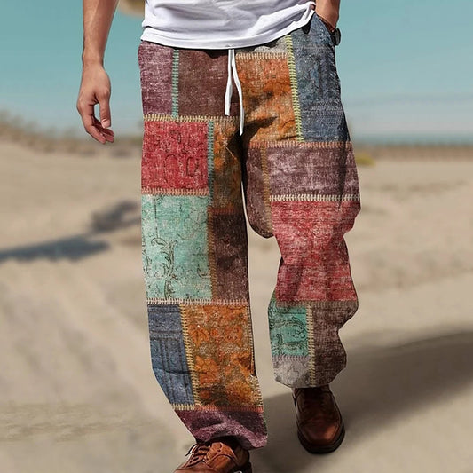 Vintage Geometric Color Block Art Graphic Linen Pants artswardrobe