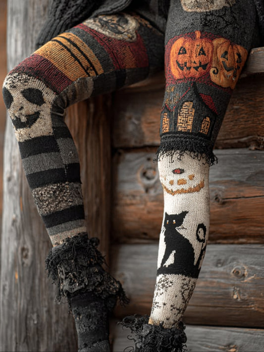 Halloween-themed Cat-print Vintage-style Pants artswardrobe