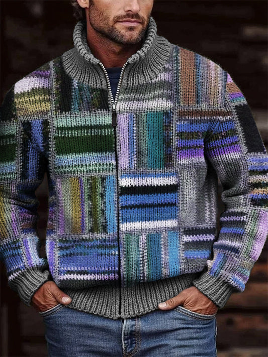 Men's Retro Colorblock Patchwork Cozy Full Zip Cardigan artswardrobe